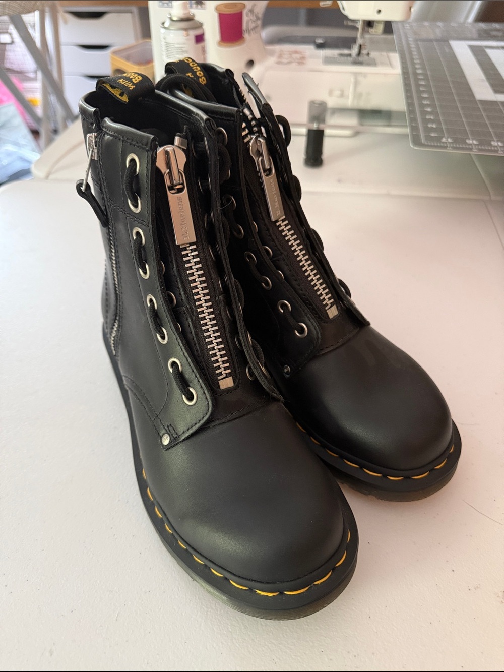 Dr. Martens Black Leather Lace-Up Boots with Front Zipper and Yellow Stitching - Picture 2 of 4